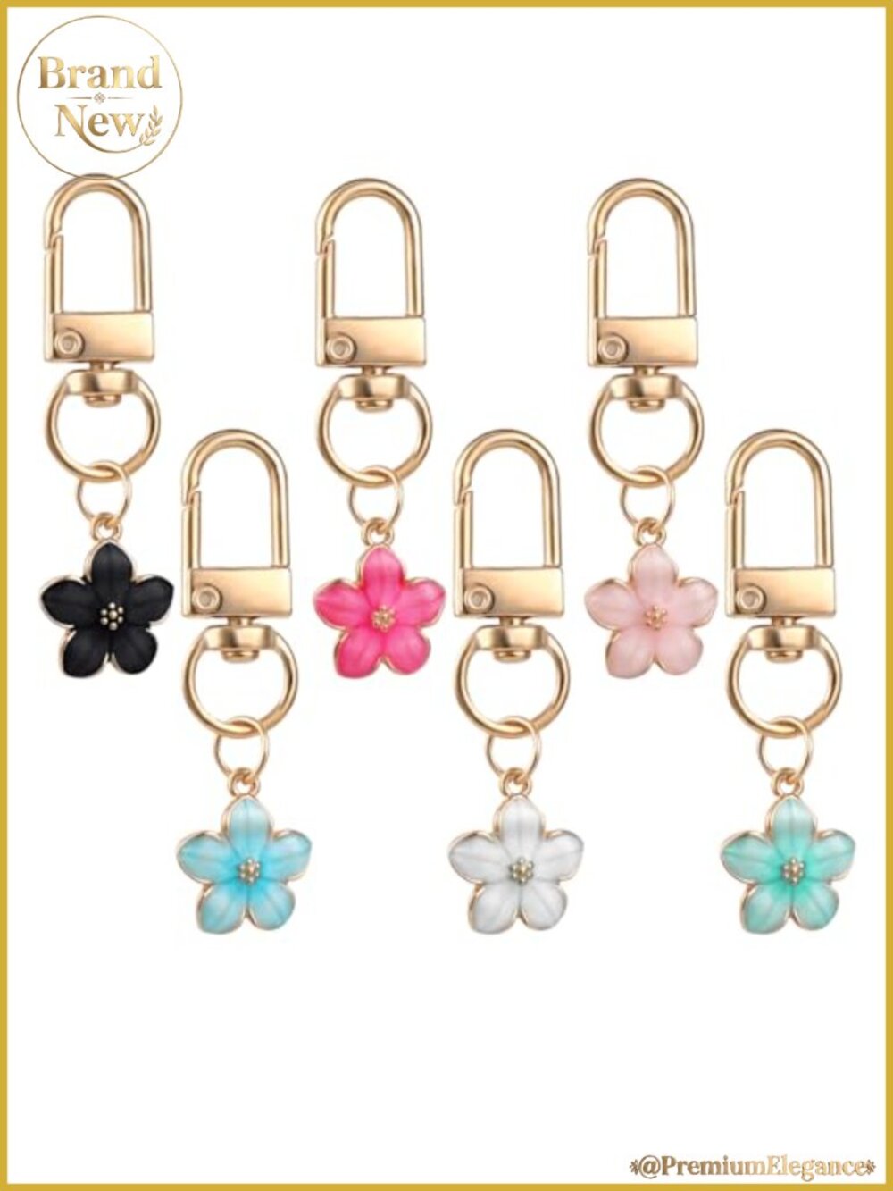 6 Pc Flower Keychain Set Daisy Purse Charms Alloy Gold Coated Keyring Hook